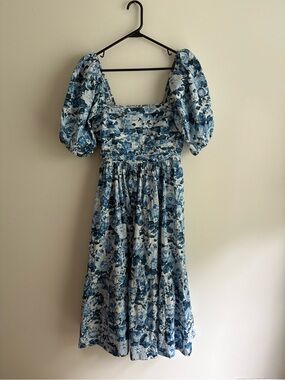 Abercrombie & Fitch Blue Floral Puff-Sleeve Midi Dress